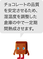 チョコレートの品質を安定させるため、湿温度を調整した倉庫の中で一定期間熟成させます。